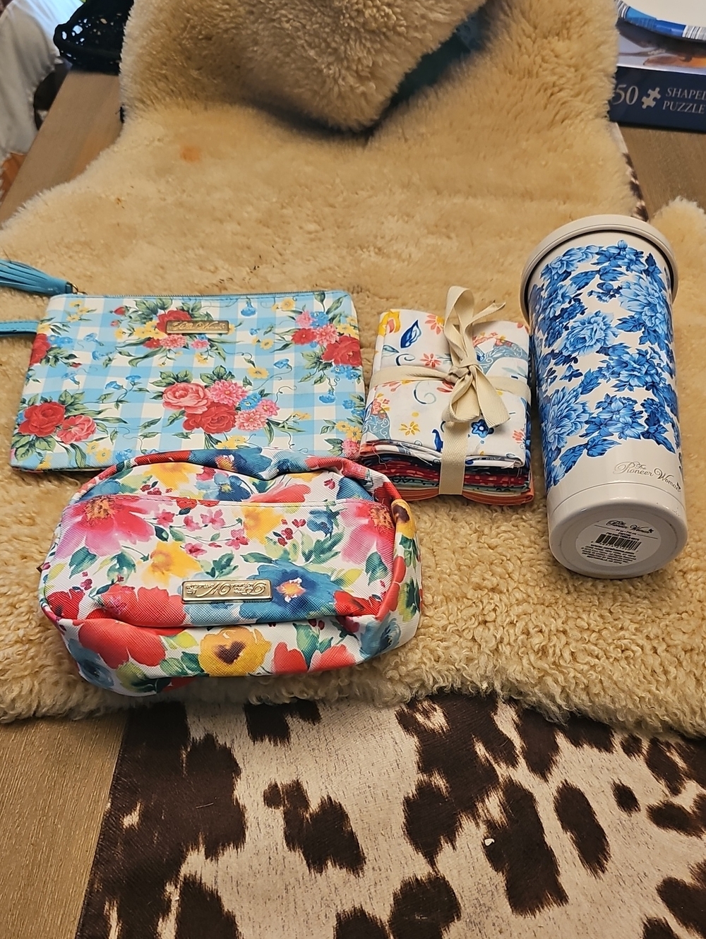 Pioneer Woman  Cosmetic Bags And Cup.Quilt Squares